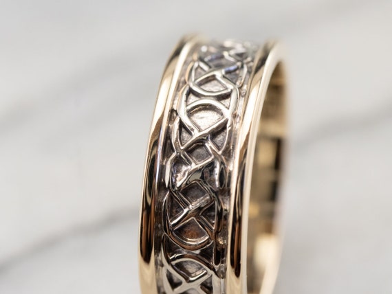 Patterned Two Tone Gold Wedding Band, Lattice Pat… - image 6