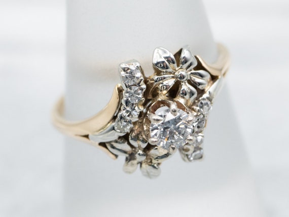 Floral Retro Era Diamond Cocktail Ring, Two Tone … - image 3