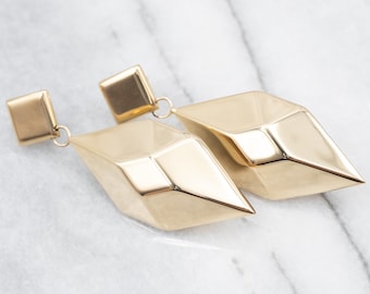 14K Yellow Gold Geometric Drop Earrings, Modernist Jewelry