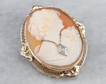 Vintage 14K Yellow Gold Shell Cameo Brooch, Diamond Accent
