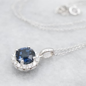 Sapphire and Diamond Necklace, Halo Pendant Necklace, Sapphire Necklace, White Gold Sapphire Necklace, Gifts for Her, Bridal Jewelry A50167