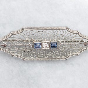 Art Deco Diamant und Saphir Gold Pin, Filigrane Brosche, Weißgold Brosche, Antike Diamant Pin, Braut Brosche, Geschenk für sie A59431