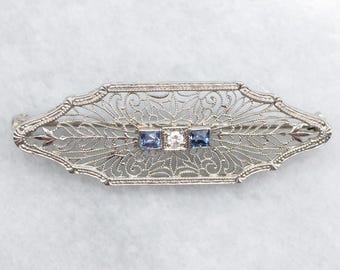 Art Deco Diamond Sapphire Brooch, 14K White Gold Filigree Pin