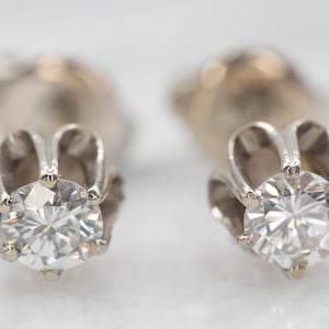 14K White Gold Vintage Buttercup Diamond Solitaire Stud Earrings, White Gold Stud Earrings, Diamond Stud Earrings, Diamond Earrings A18823