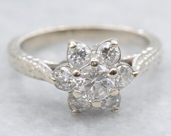 14K White Gold Floral Diamond Halo Engagement Ring