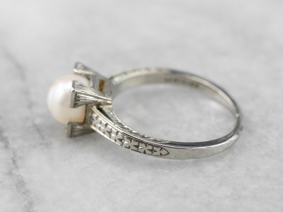 Art Deco Pearl Solitaire Ring, Pearl White Gold R… - image 4