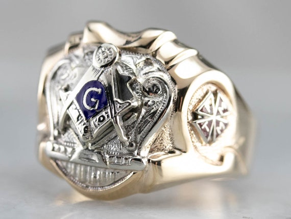 Men's Robust Two Toned Masonic Ring, Vintage Maso… - image 1