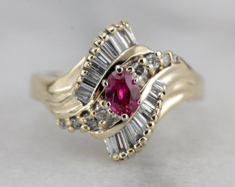 Vintage Ruby Cocktail Ring, Diamond Accents, 14K Gold