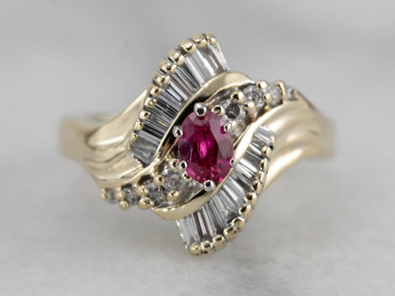 Vintage Ruby Cocktail Ring, Diamond Accents, 14K … - image 1