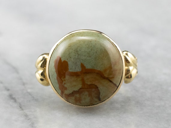 18K Gold Picture Jasper Statement Ring, Earthy Ge… - image 2