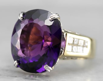 18K Gold Amethyst Cocktail Ring, Diamond Accents