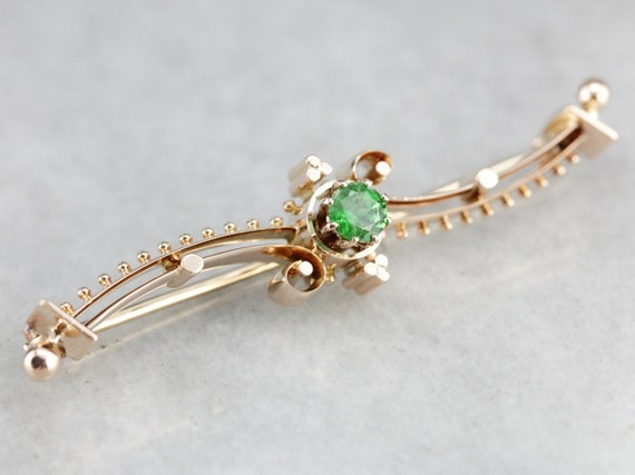 Vintage Green Garnet Gold Bar Pin, Victorian Revi… - image 4