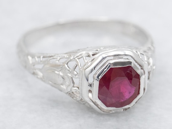 Art Deco 18K White Gold Ruby Solitaire Ring, Anti… - image 2