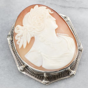 Art Deco Demeter Cameo Brooch, Goddess Cameo, Vintage Cameo White Gold Pendant, Pendant Brooch, AAJP2X81 image 3