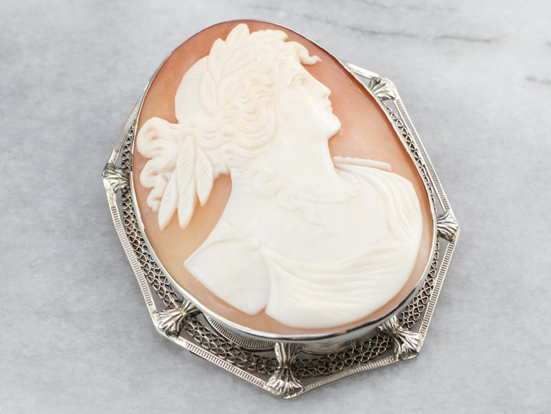 Art Deco Demeter Cameo Brooch, Goddess Cameo, Vintage Cameo White Gold Pendant, Pendant Brooch, AAJP2X81 image 3
