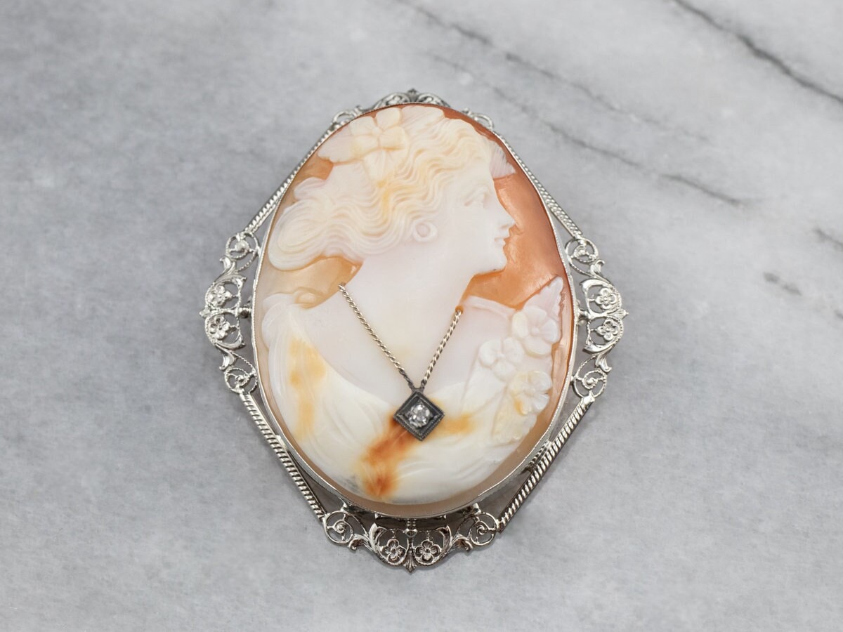 Art Deco Diamond Cameo Pin or Pendant, Large Cameo Pin or Pendant, Cameo Collector, Estate Jewelry, White Gold Cameo 8QX0JKFU