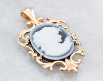 Botanical Black Onyx, Oval Solitaire Pendant, Black and White Onyx Cameo A20765