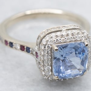 Modern Sapphire Diamond Halo Engagement Ring, Sapphire Diamond and Ruby Ring, Sapphire Engagement, Engagement Ring, Halo Engagement A66317