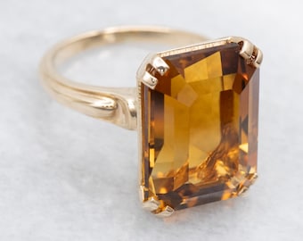 Vintage Emerald Cut Citrine Solitaire Ring, 14K Yellow Gold