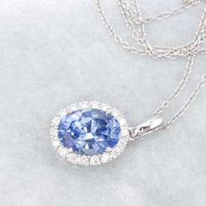 Sapphire and Diamond Necklace, Halo Pendant Necklace, Sapphire Necklace, White Gold Sapphire Necklace, Gifts for Her, Bridal Jewelry A61471