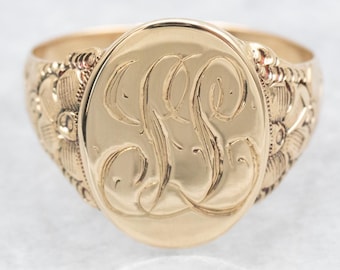 14K Yellow Gold Victorian Signet Ring, "LL" Monogram, Size 9.75
