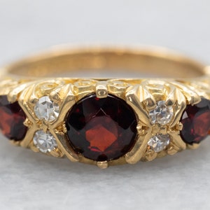 Yellow Gold Round Cut Garnet Ring with Diamond Accents, Yellow Gold Garnet and Diamond Ring, Garnet and Diamond Ring, Garnet Ring A34633