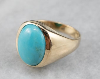Vintage 10K Gold Turquoise Cabochon Ring, Unisex Jewelry
