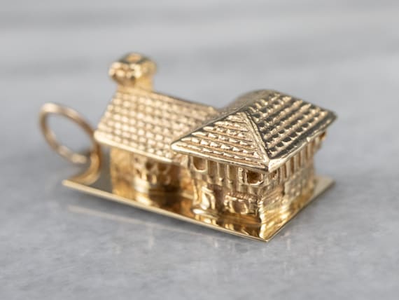 Vintage 14K Gold House Charm Pendant, Detailed Design