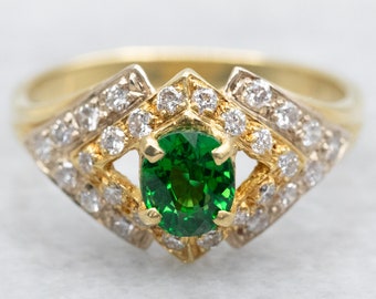 18K Yellow Gold Tsavorite Garnet Diamond Chevron Ring