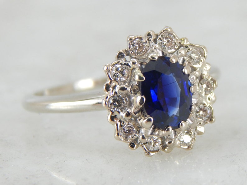 Classic Sapphire Ring with Diamond Halo Princess Di and Kate | Etsy