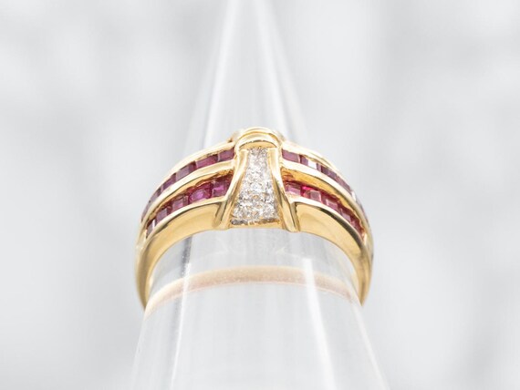 18K Gold Triple Ruby Row Ring, Diamond Accents, S… - image 3