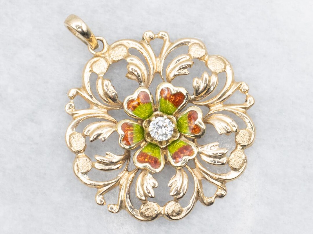 Art Nouveau 14K Yellow Gold Diamond Enamel Flower Pendant - Etsy