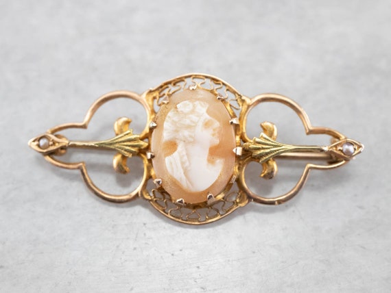 Art Nouveau Cameo Filigree Seed Pearl Brooch, Cam… - image 1