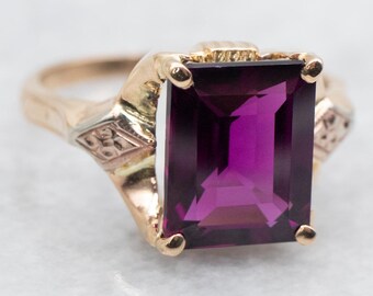 Retro Emerald Cut Rhodolite Garnet 14K Gold Ring