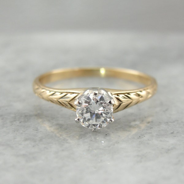 RESERVED Extremely Fine: Vintage Diamond Solitaire with Finely Engraved Yellow Gold  5XLKEH-D