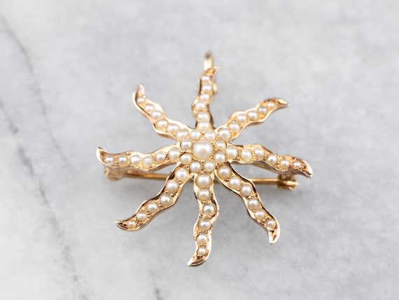 Antique Seed Pearl Star Brooch Pendant, Pearl Gold