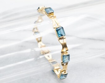 18K Gold London Blue Topaz Tennis Bracelet, Emerald Cut