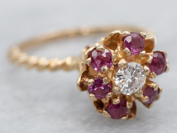 14K Yellow Gold Diamond Ruby Flower Ring, Halo De… - image 2