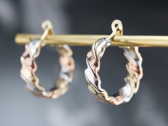 Tricolor Gold Twist Hoop Earrings, Mixed Metal Ho… - image 9