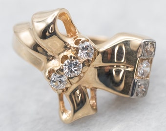 1950s Retro Diamond Bow Ring, 10K Gold Sweetheart Ring