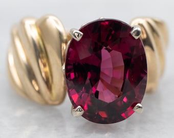 14K Yellow Gold Oval Rhodolite Garnet Ring, Twist Shoulders