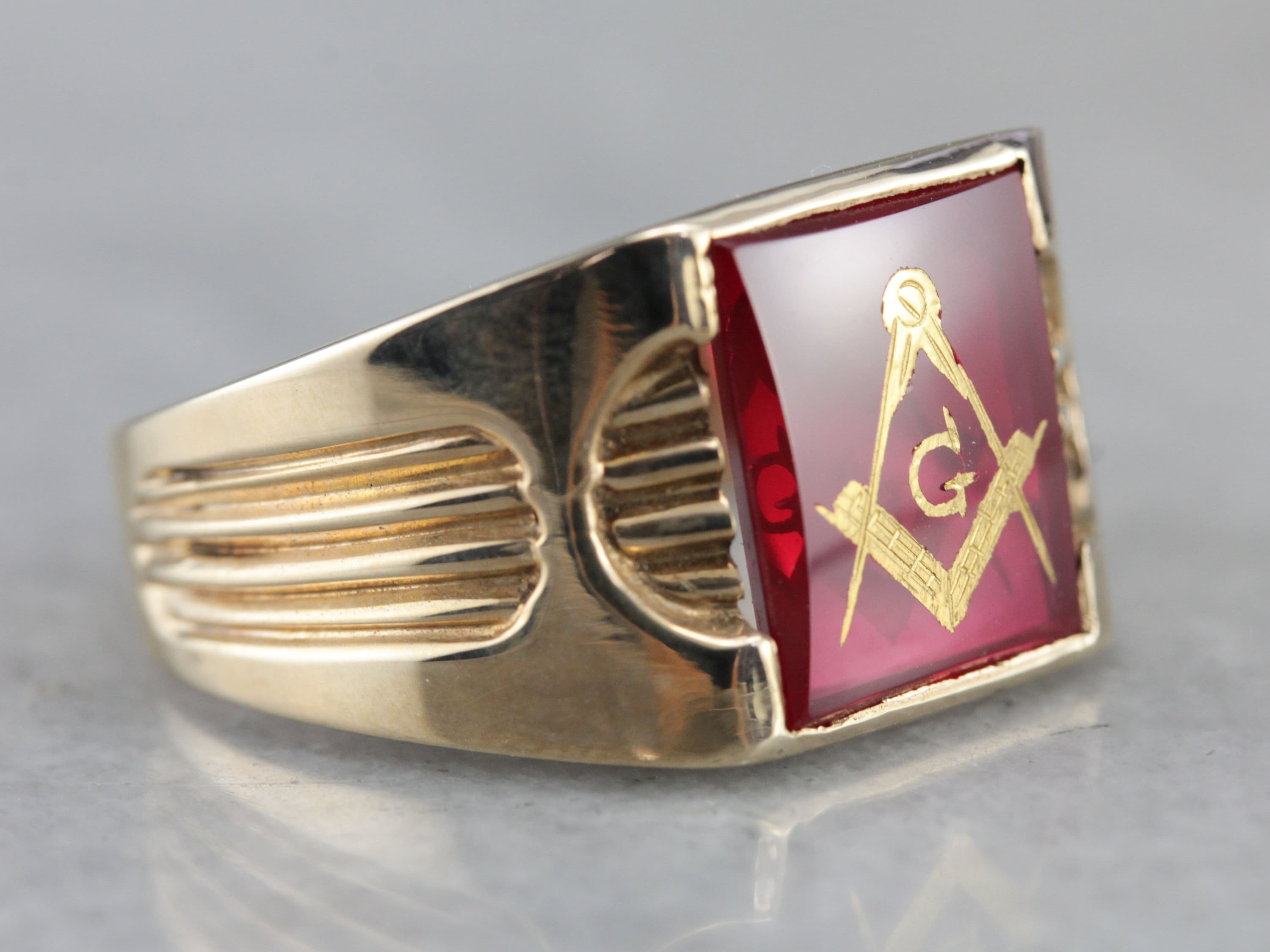 Rectangle Vintage Red Glass Line Design Masonic Signet Ring A82AHA D Etsy UK