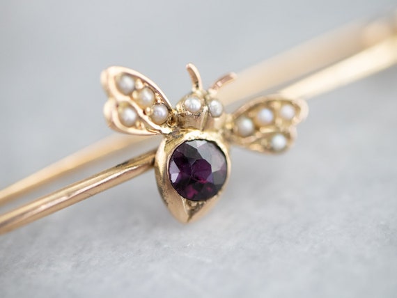 Victorian Garnet and Seed Pearl Bug Pin, Yellow Go