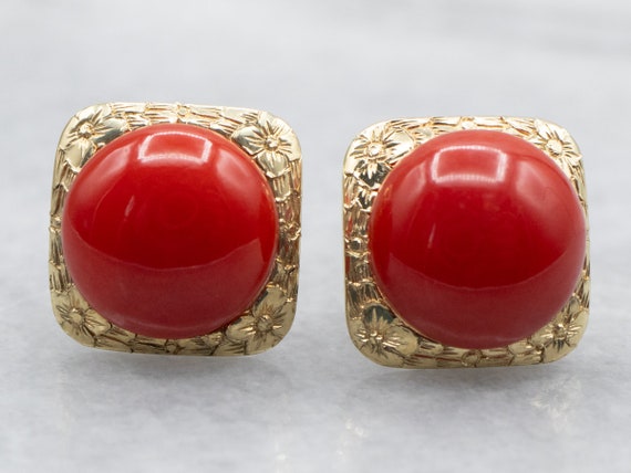 14K Yellow Gold Coral Cabochon Stud Earrings