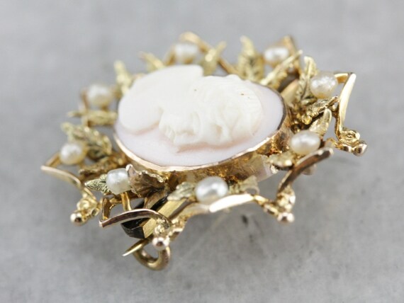 Art Nouveau Cameo Pin, Cameo and Seed Pearl, Came… - image 4