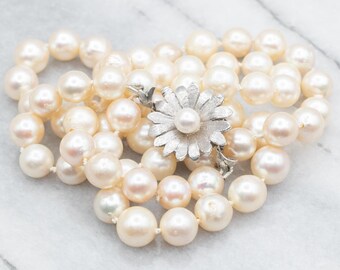 14K White Gold Floral Clasp Pearl Necklace, 24 Inch Bridal Jewelry