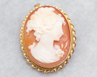 14K Yellow Gold Cameo Brooch Pendant, Carved Shell Cameo Jewelry