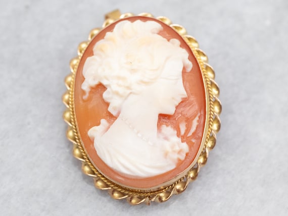 14K Yellow Gold Cameo Brooch Pendant, Carved Shell Cameo Jewelry
