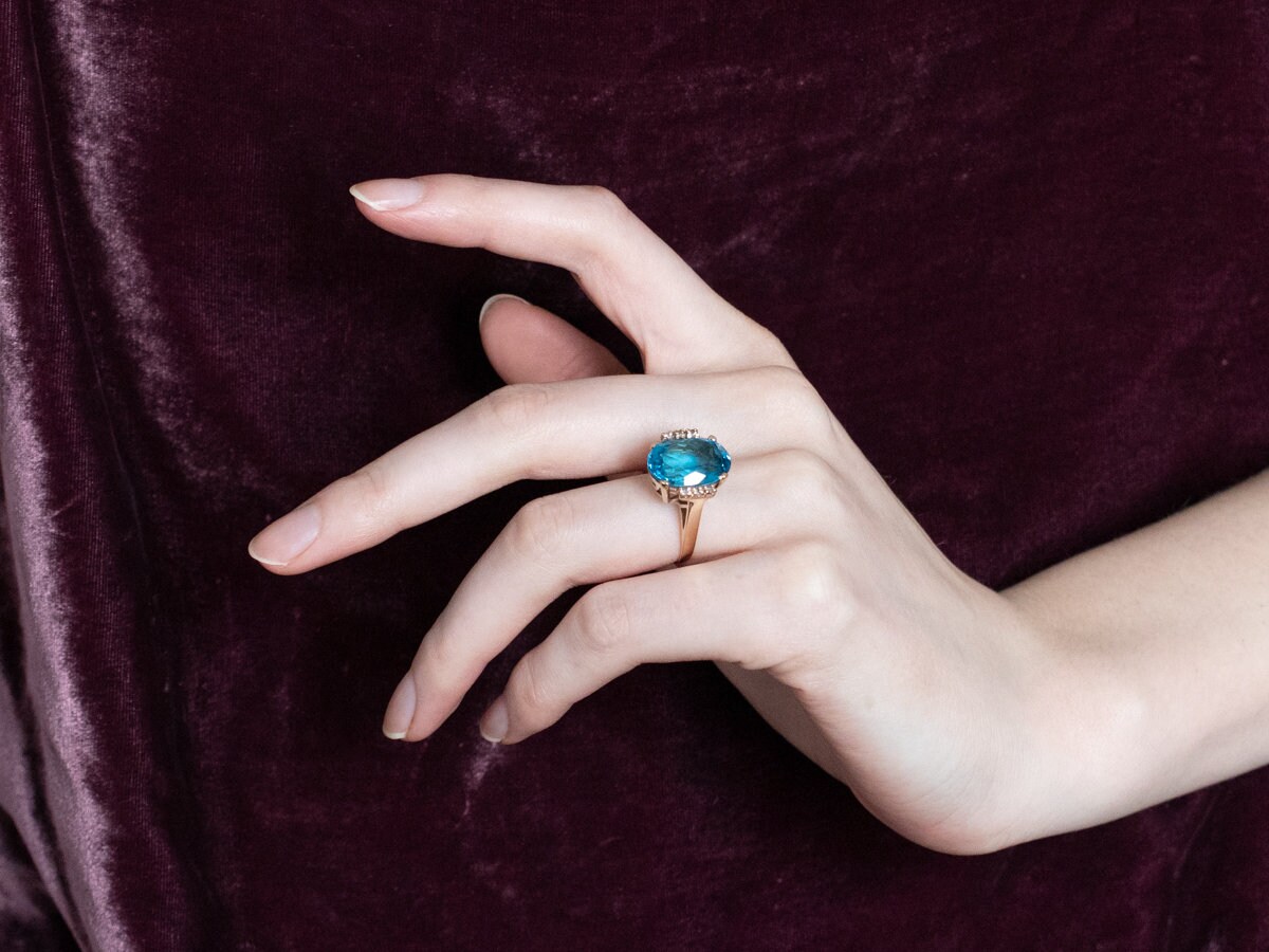 Swiss Blue Topaz and Diamond Ring, Yellow Gold Blue Topaz