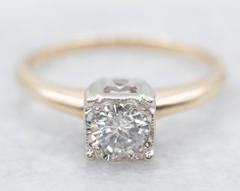 Vintage Diamond Engagement Ring, Retro Era Engagement, Vintage Diamond Solitaire Ring, Two Tone Gold Ring, Estate Jewelry A19765